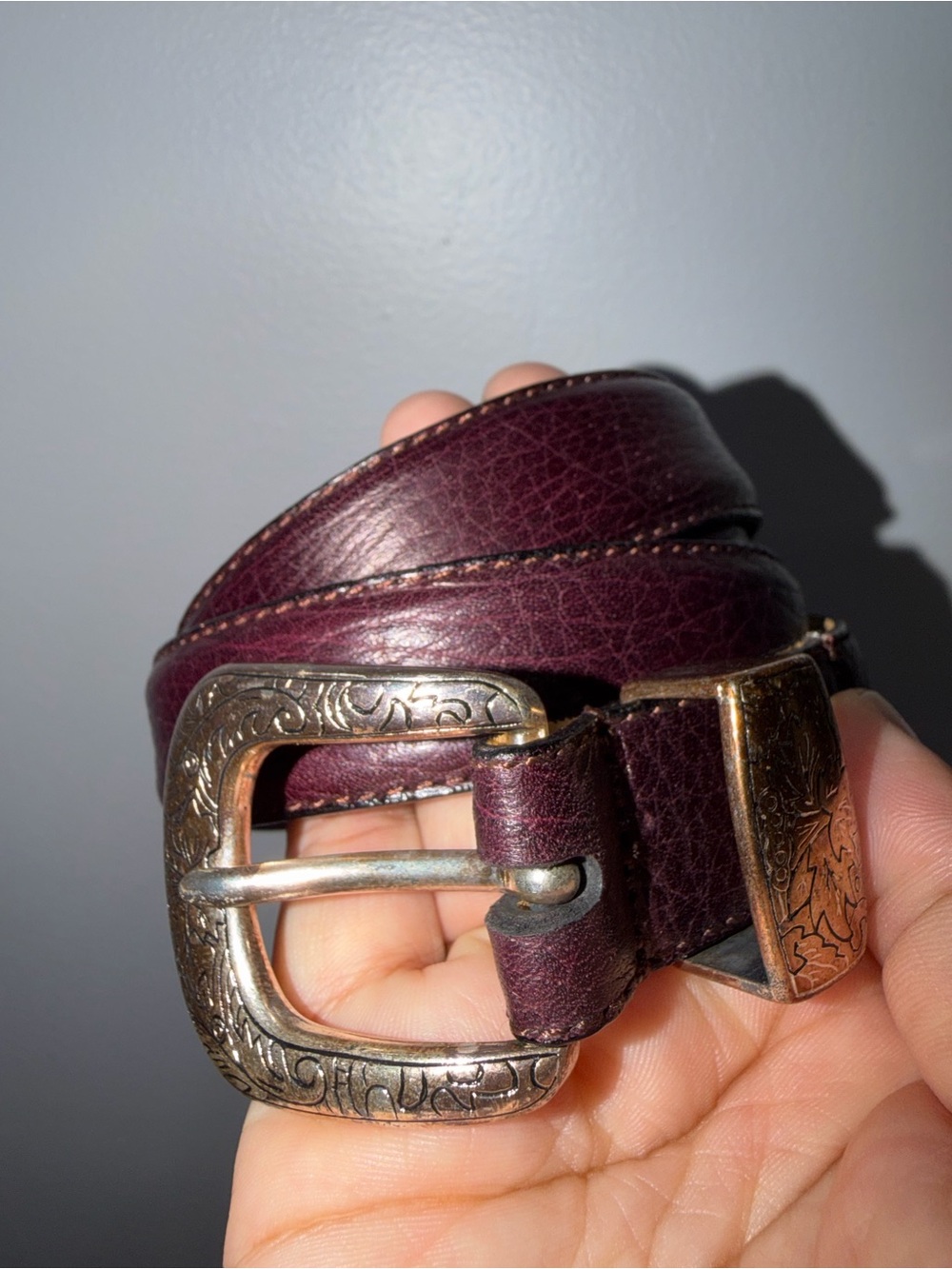 Full Grain Cowhide Leather Belt 36 Burgundy Silver Tone Buckle‎ USA Style